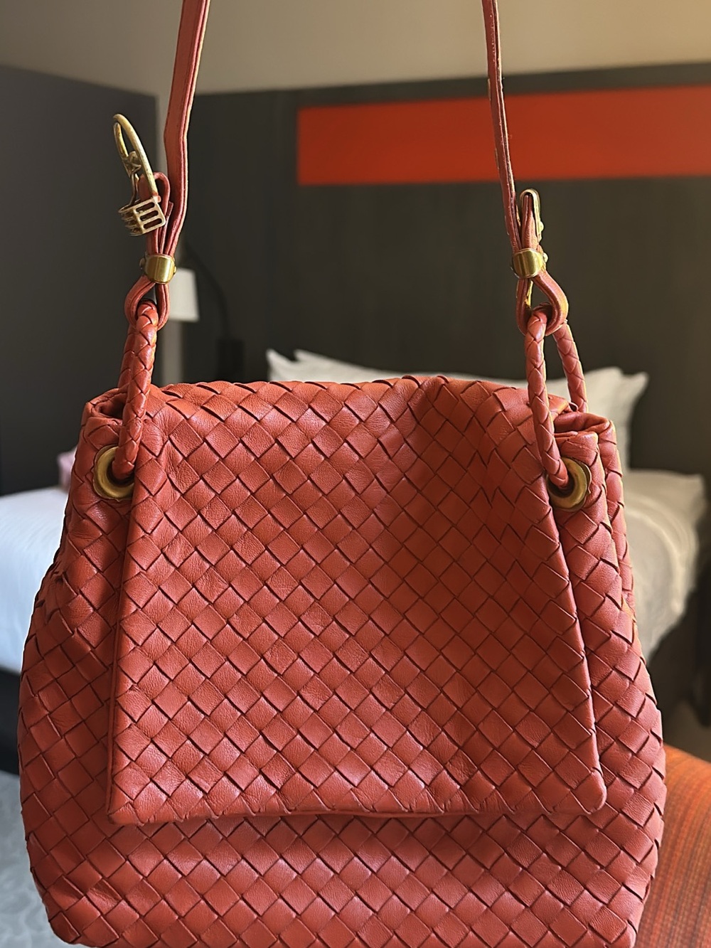 Bottega Veneta Woven Coral-Orange Leather Shoulder Bag